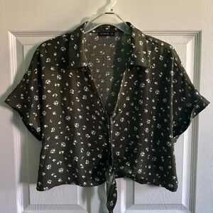 Olive Green Floral Tie-Front Shirt